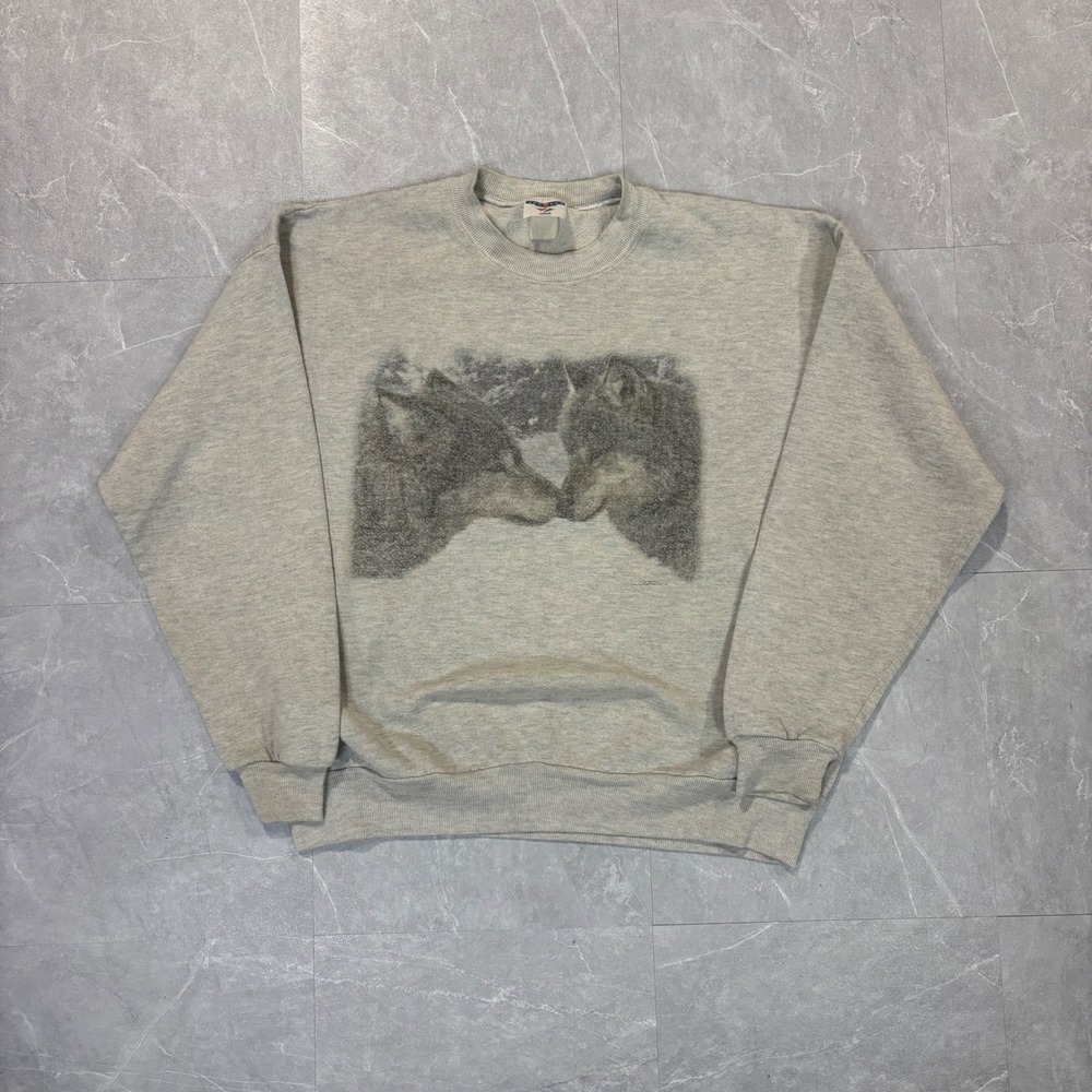 Vintage Jerzees Wolf Graphic Sweatshirt Gray Crewneck Mens XL 90s NuBlend